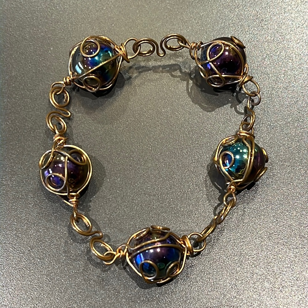 .vintage art glass ball copper chunky bracelet
